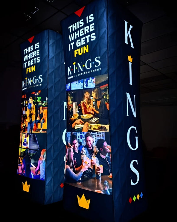 8ft square backlit inflatable tower with dark blue kings branding and crown logos