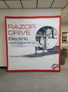 Red and white Razor Drive electric landing gear promo banner on 8ft straight pop up fabric display