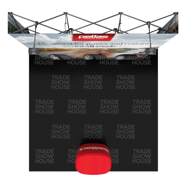 Red Petlas trade show booth header with white sky tire graphic