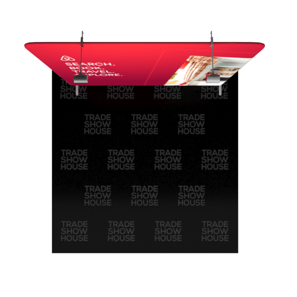 Trade show booth with overhead banner.