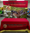 Red tablecloth with yellow trim and New York Deer Control LLC logo for 8ft straight tension fabric display kit