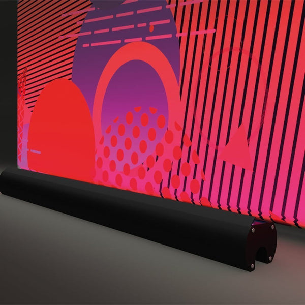 Retractable banner stand with colorful graphic.