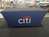 Blue Citi backlit stretch table cover with white logo and red arc
