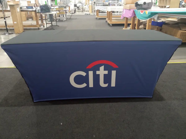 Blue Citi backlit stretch table cover with white logo and red arc