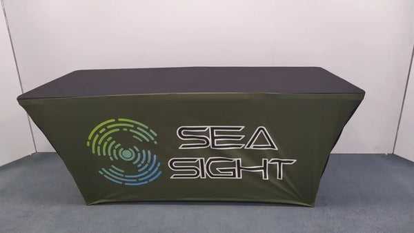 Olive green backlit stretch table cover with Sea Sight logo