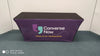 Purple backlit stretch table cover with Converse Now logo and Voice AI for Restaurants text