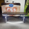 Dark wood-finish folding table with LED-lit legs for backlit stretch covers
