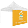 White and orange 10ft pop-up tent backwall with palm logo and summer holidays text