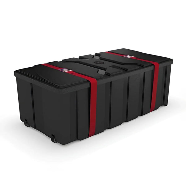 Black C700 hard shipping case with red straps and wheels