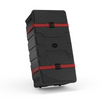 Black rectangular storage case with red straps.