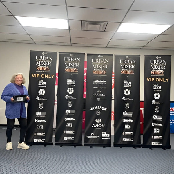 Black urban mixer VIP banner stand with Martell, Jameson, Avion, MBA logos