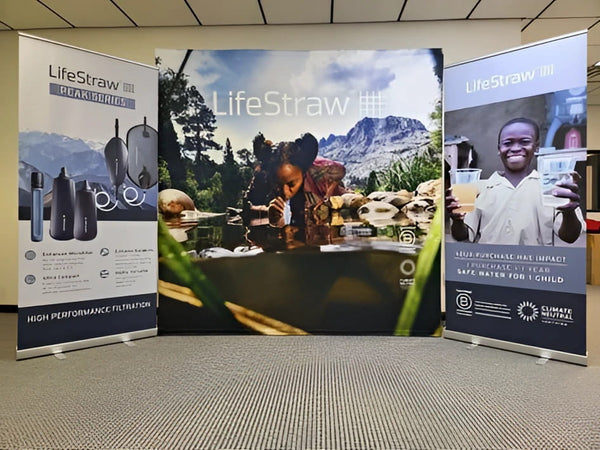 LifeStraw personal water filter in sleek black gray matte finish on Classic 33 Inch Retractable Banner Stand