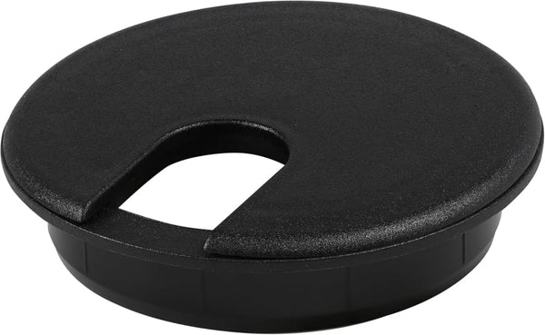 Black plastic countertop desk grommet with circular cutout and textured surface