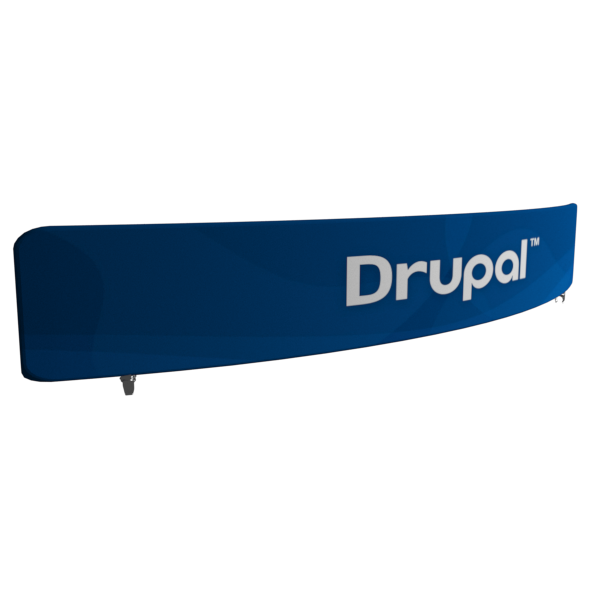 Blue Drupal logo on rectangular banner for curved tension fabric display header