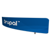Blue Drupal-branded surfboard-shaped sign on curved fabric display