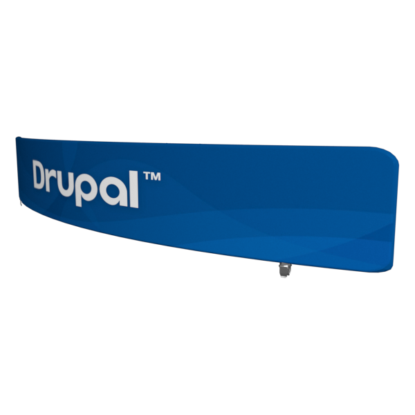 Blue Drupal-branded surfboard-shaped sign on curved fabric display