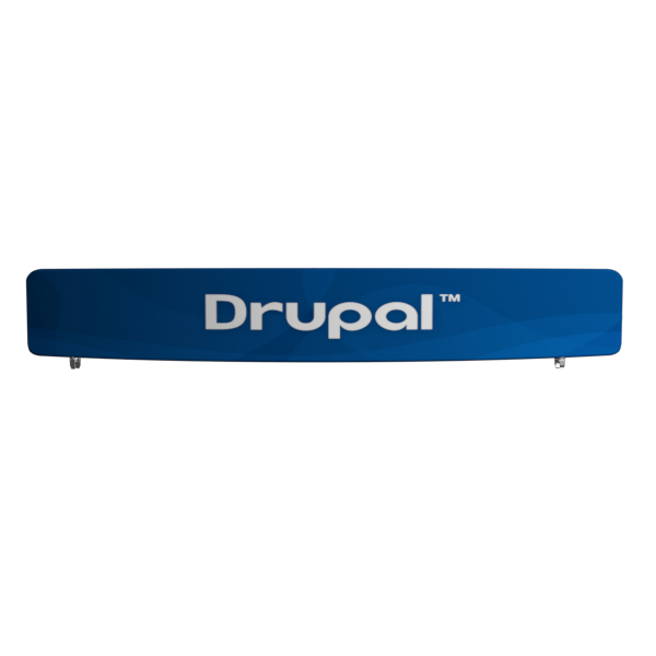Blue Drupal sign on curved tension fabric display header