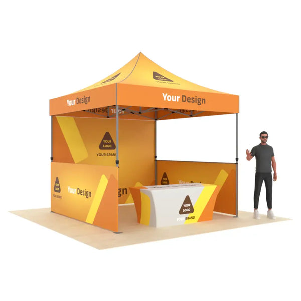 Our 10ft Custom Printed Pop Up Tent with Backwall and Sidewalls features a lightweight, stable rust-resistant aluminum
