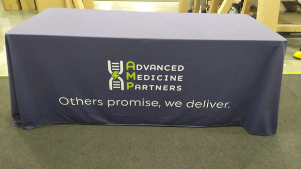 Our premium dye-sublimated, custom printed drape table covers are the perfect complementary tabletop display accessory
