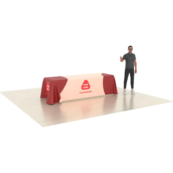 Our premium dye-sublimated, custom printed drape table covers are the perfect complementary tabletop display accessory