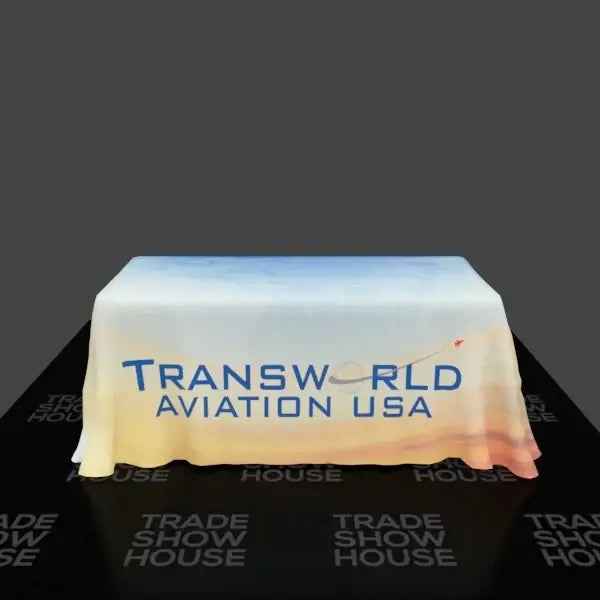 Our premium dye-sublimated, custom printed drape table covers are the perfect complementary tabletop display accessory