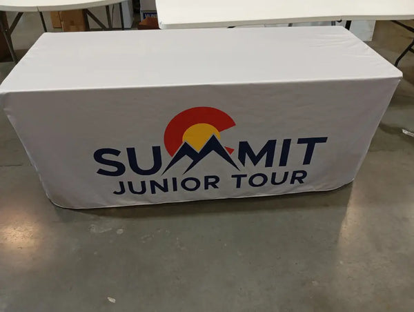 Our premium dye-sublimated, custom printed fitted table covers are designed to be more form fitting than drape style,