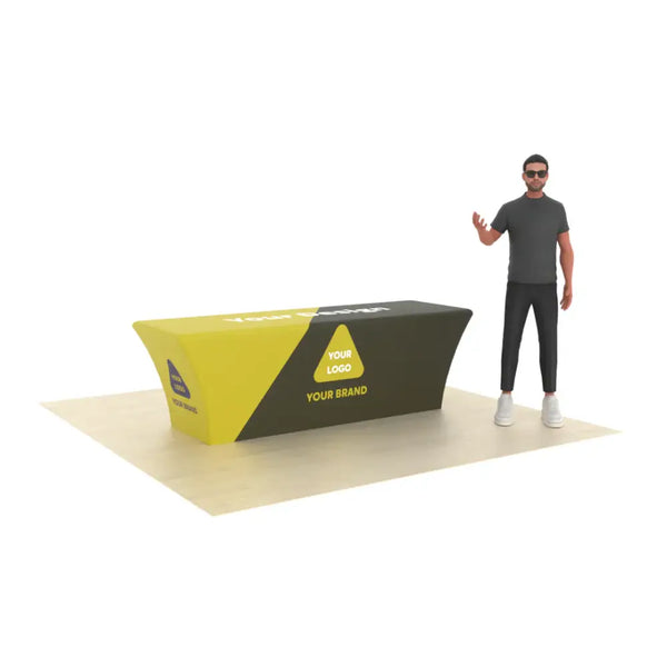 Our premium dye-sublimated, custom printed stretch table covers are form fitting and will give your trade show display