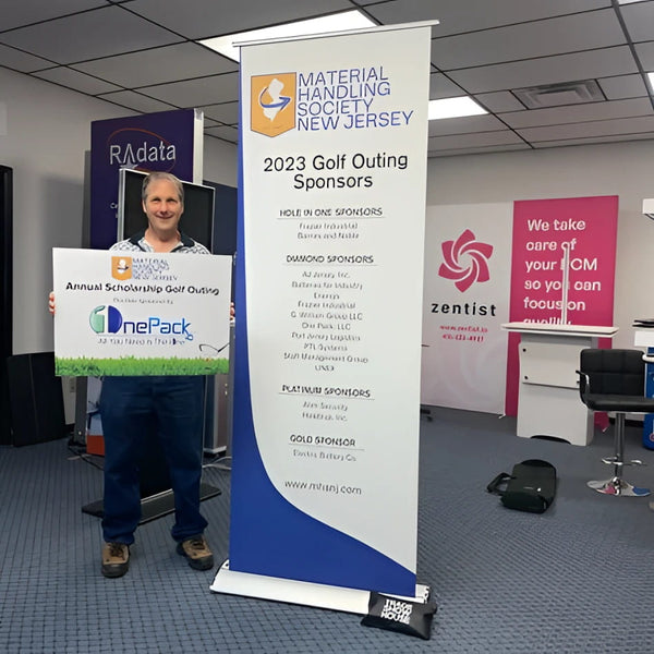 Blue and white 2023 golf outing sponsors banner by Material Handling Society of New Jersey in Deluxe 33 Inch Retractable Banner Stand