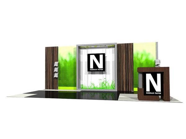Neenan Paper booth with n logo and green foliage in 10x20 Eco-Modular Kit