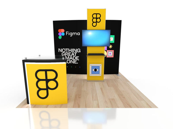 Yellow display stand with black logo and screen in 10x20 Eco-Modular Backlit TV Exhibit Kit 38