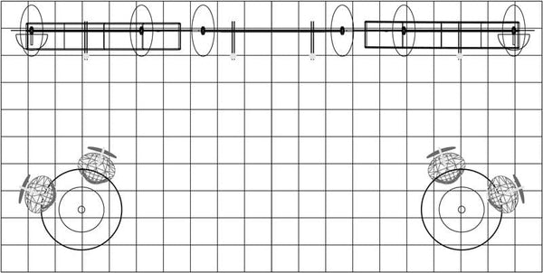 Technical schematic of 10x20 Eco-Modular Shelving Exhibit Kit 35 components on grid background