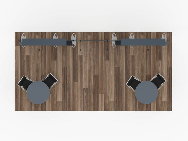 Gray round tables with black chairs on wooden floor in 10x20 Eco-Modular Shelving Exhibit Kit 35