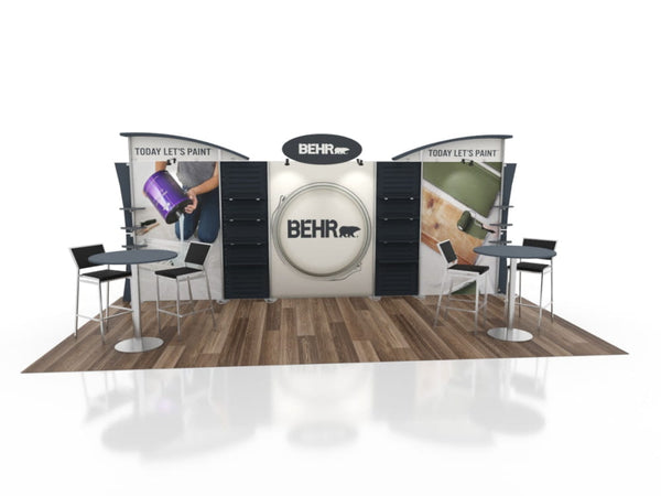 Behr booth with black white modular panels, logo centerpiece, stools in 10x20 kit