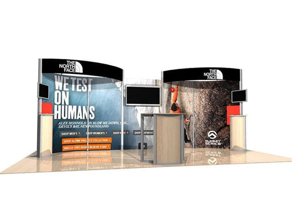 The North Face booth with bold black-white branding on curved panels in 10x20 Eco-Modular TV Exhibit Kit 37