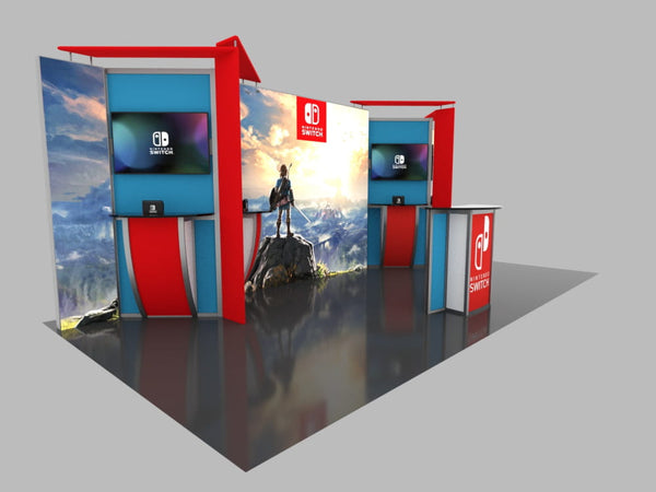 Nintendo Switch booth with red blue white panels and game logos in 10x20 Eco-Modular Kit