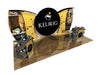 Yellow and black Keurig display stand with logo, pods, and beverage images in 10x20 Eco-Modular kit