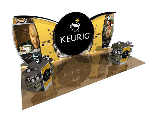 Yellow and black Keurig display stand with logo, pods, and beverage images in 10x20 Eco-Modular kit