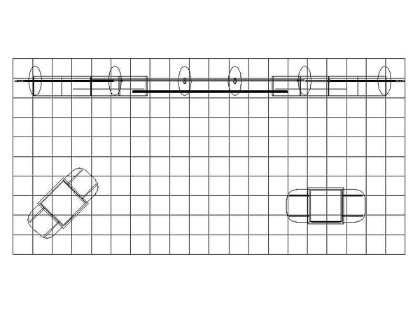 Technical blueprint of 10x20 Eco-Modular Shelving Exhibit Kit parking layout