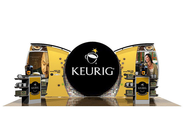 Yellow and black Keurig trade show display with circular logo and coffee cup icon in 10x20 Eco-Modular Shelving Exhibit Kit 32