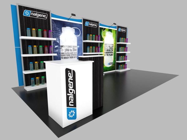 White Nalgene bottle with black handle on 10x20 Eco-Modular Exhibit shelf