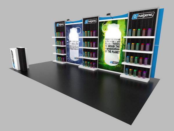 White Nalgene bottle with colorful caps on 10x20 Eco-Modular Shelving Exhibit Kit 31