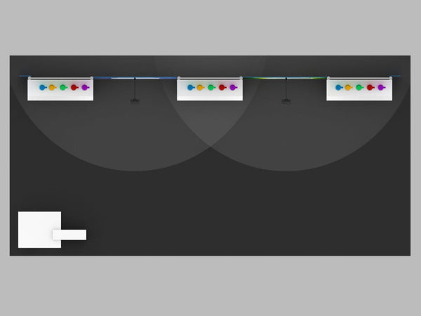 Three white panels with yellow, green, red, blue, purple buttons in 10x20 Eco-Modular Shelving Exhibit Kit 31