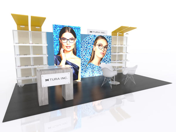 Modern gray countertop stand with Tura Inc. logo for 10x20 Eco-Modular exhibit