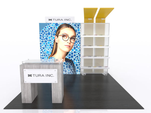 Stylish black-framed eyeglasses on Tura Inc. 10x20 Eco-Modular Backlit Shelving Exhibit
