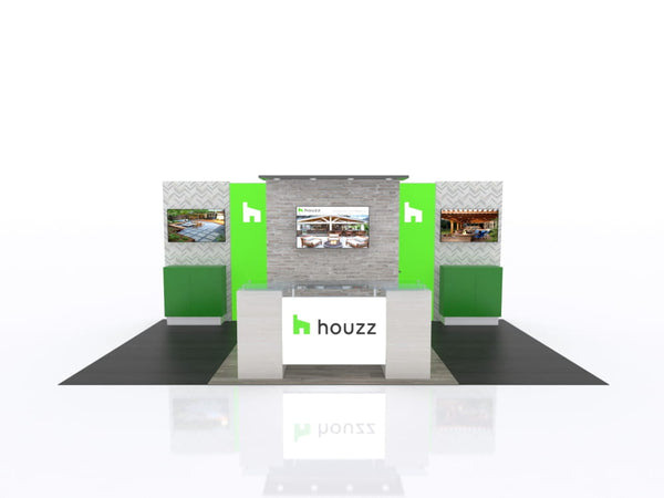 Modern green white Houzz booth with gray walls, digital displays, logo counter