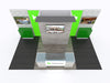 White and green Houzz 10x20 Eco-Modular Backlit TV booth with gray brick wall and digital displays