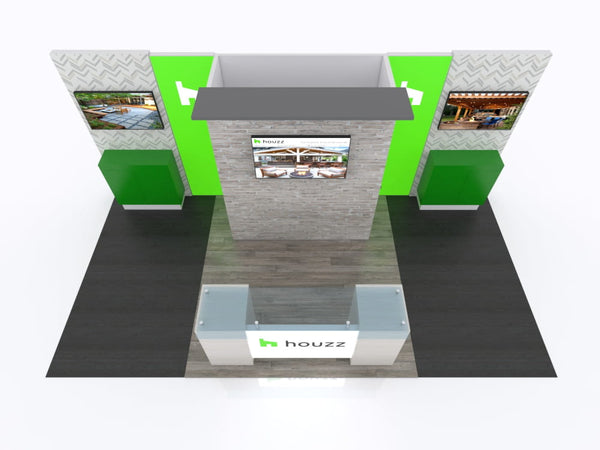 White and green Houzz 10x20 Eco-Modular Backlit TV booth with gray brick wall and digital displays