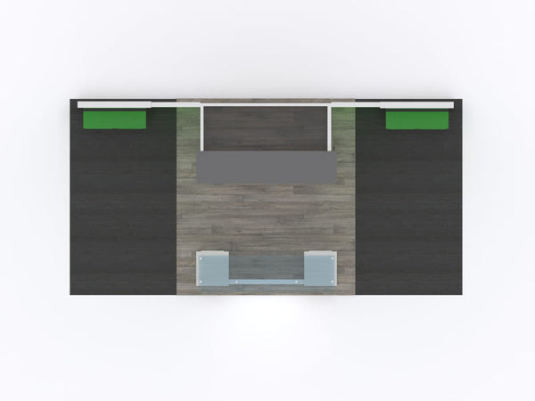 Modern minimalist office with dark wood desks in 10x20 Eco-Modular TV exhibit