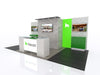 Modern gray green Houzz booth with white counter, stone panels, digital outdoor displays