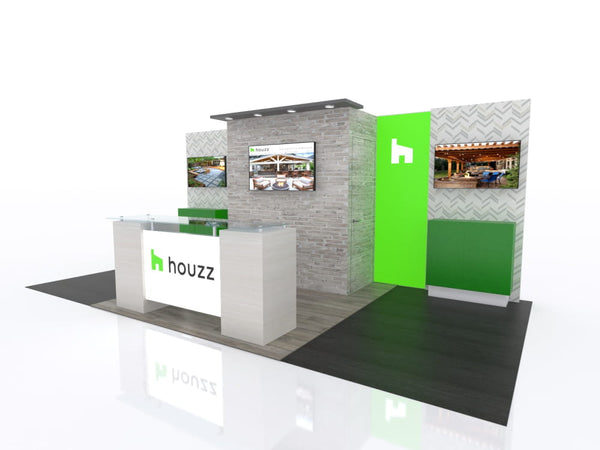 Modern gray green Houzz booth with white counter, stone panels, digital outdoor displays